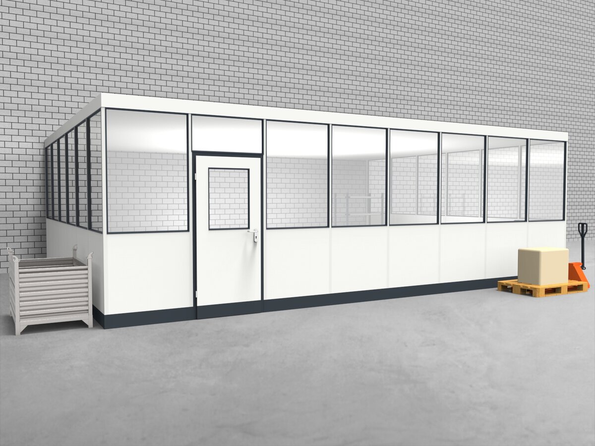 Aussenansicht für Hallenbüro 3-seitig 8,00 x 6,00 m System RS 45 von Becker Raumsysteme - Artikel HB3-8060