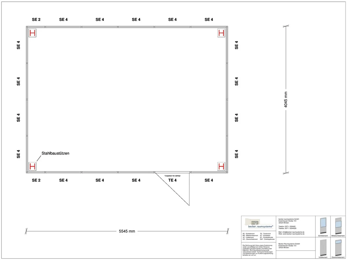 Zeichnung für Hallenbüro als Doppelstock 4-seitig 5,50 x 4,00 m System RS 45 von Becker Raumsysteme - Artikel HD4-5540