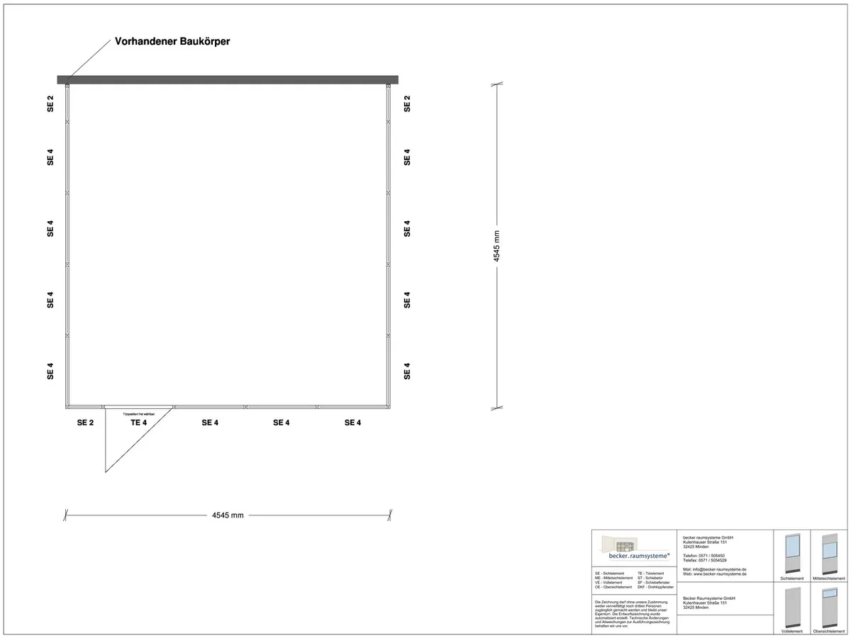Zeichnung für Hallenbüro 3-seitig 4,50 x 4,50 m System RS 45 von Becker Raumsysteme - Artikel HB3-4545