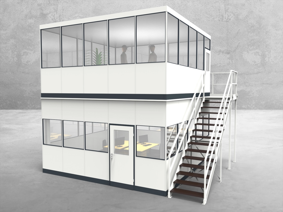 Aussenansicht für Hallenbüro als Doppelstock 4-seitig 5,00 x 5,00 m System RS 45 von Becker Raumsysteme - Artikel HD4-5050
