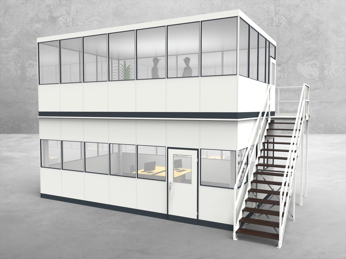 Aussenansicht für Hallenbüro als Doppelstock 4-seitig 7,00 x 4,50 m System RS 45 von Becker Raumsysteme - Artikel HD4-7045