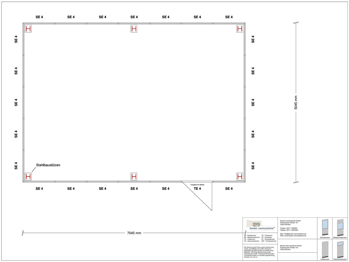 Zeichnung für Hallenbüro als Doppelstock 4-seitig 7,00 x 5,00 m System RS 45 von Becker Raumsysteme - Artikel HD4-7050