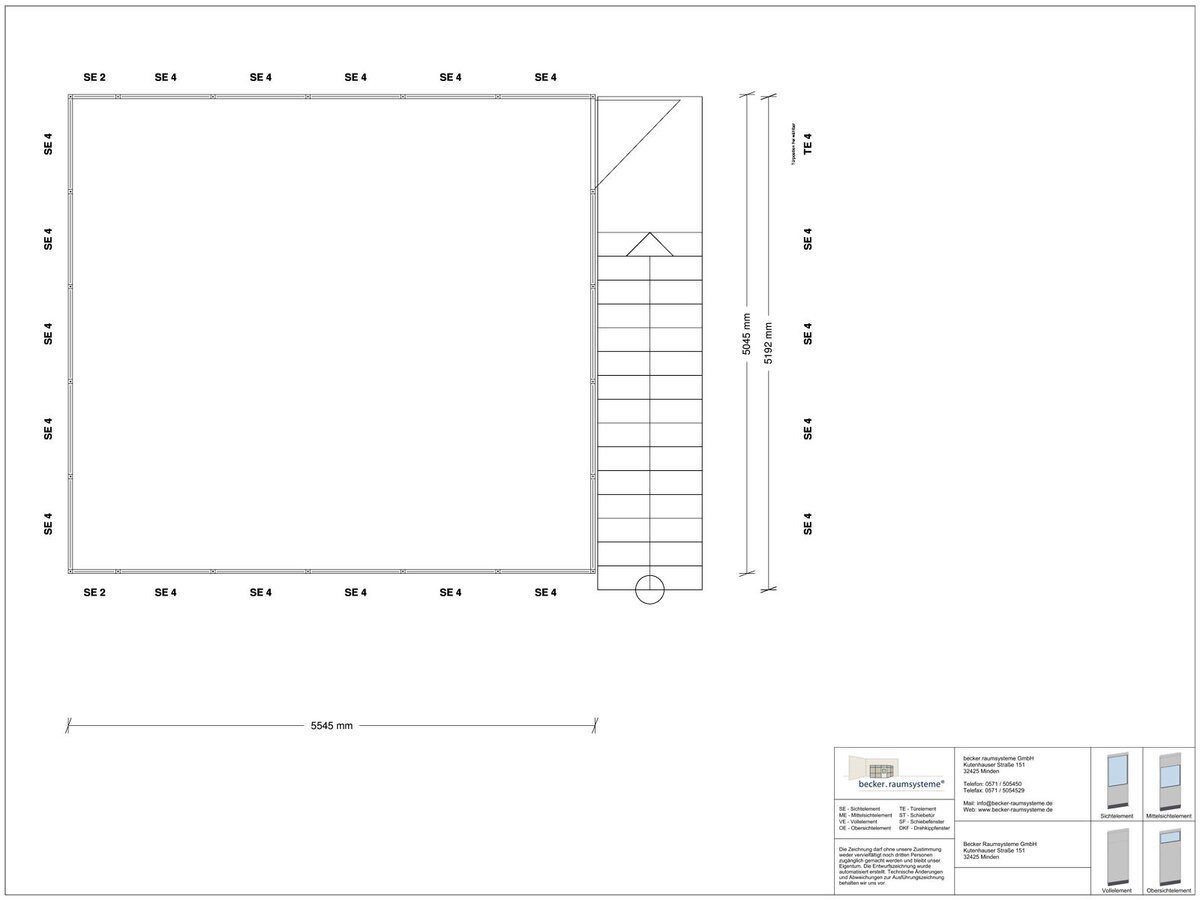Zeichnung für Hallenbüro auf Stahlbau 4-seitig 5,50 x 5,50 m System RS 45 von Becker Raumsysteme - Artikel HS4-5555