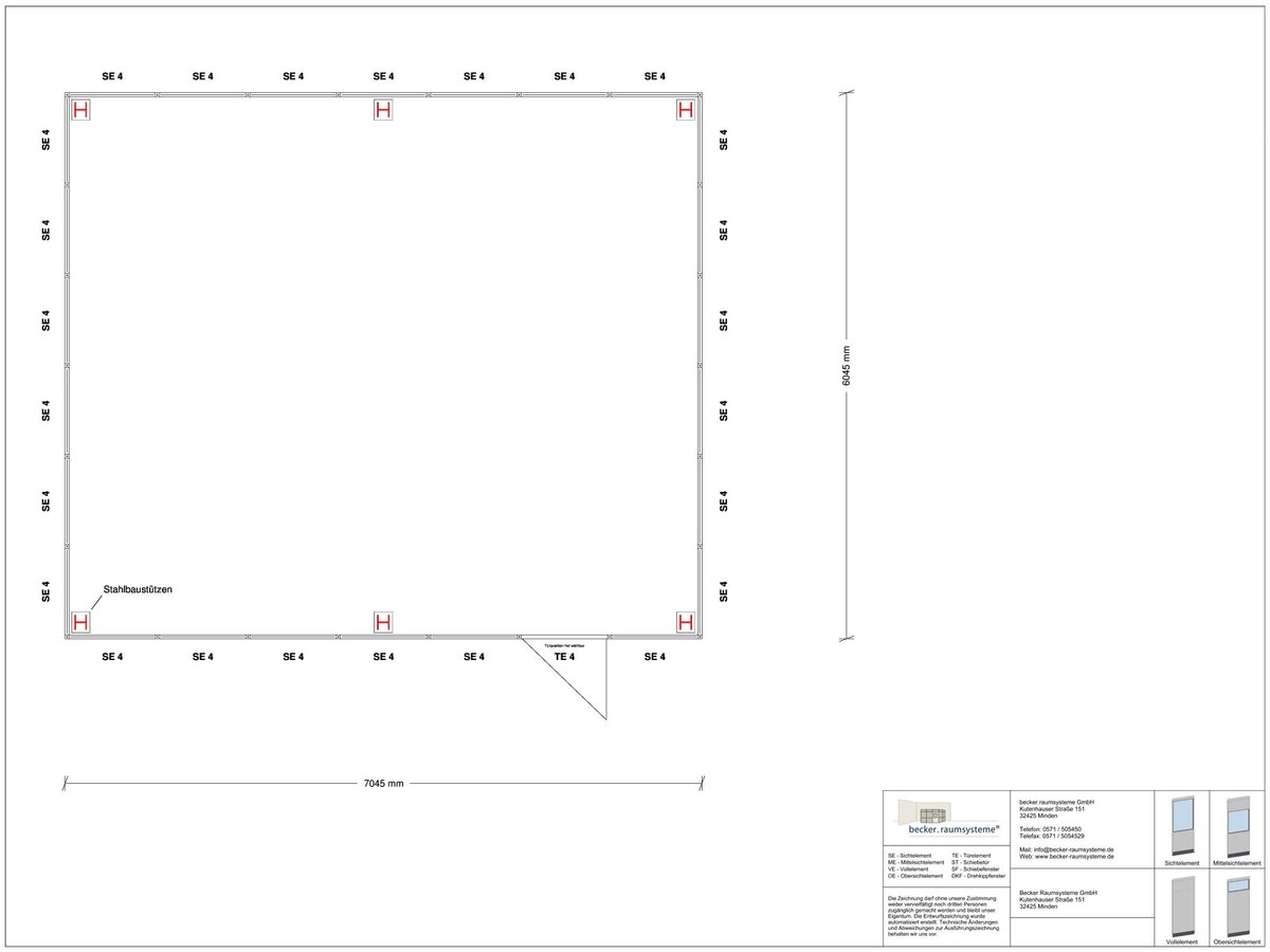 Zeichnung für Hallenbüro als Doppelstock 4-seitig 7,00 x 6,00 m System RS 45 von Becker Raumsysteme - Artikel HD4-7060