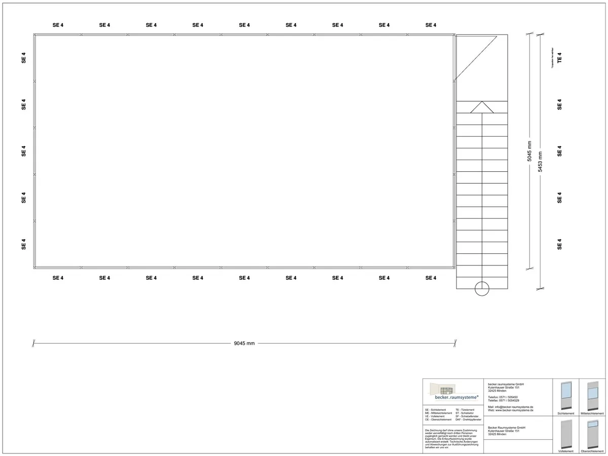 Zeichnung für Hallenbüro als Doppelstock 4-seitig 9,00 x 5,00 m System RS 45 von Becker Raumsysteme - Artikel HD4-9050