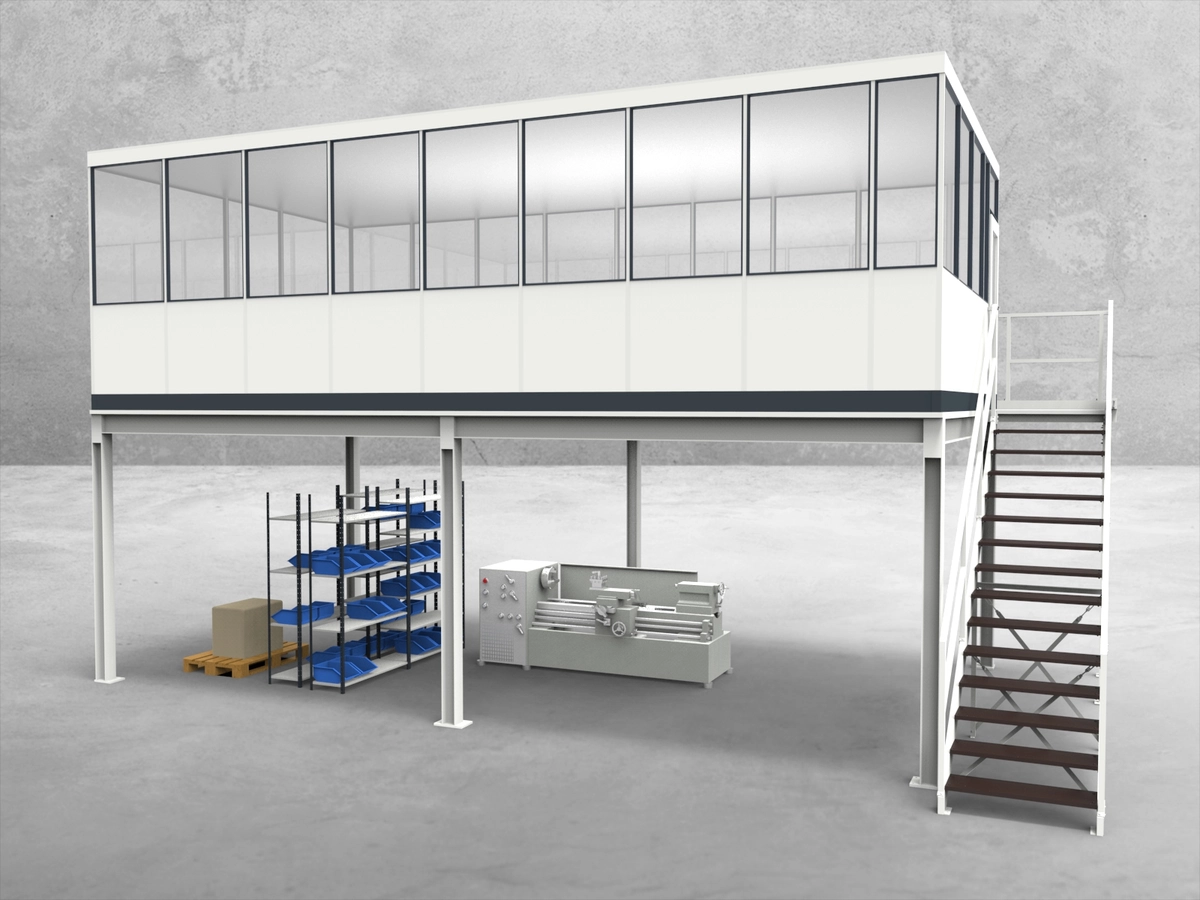 Aussenansicht für Hallenbüro auf Stahlbau 4-seitig 8,50 x 4,50 m System RS 45 von Becker Raumsysteme - Artikel HS4-8545