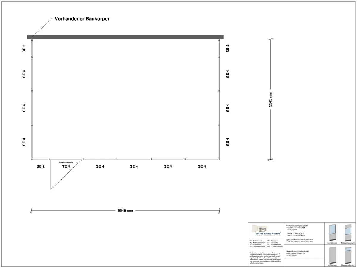 Zeichnung für Hallenbüro 3-seitig 5,50 x 3,50 m System RS 45 von Becker Raumsysteme - Artikel HB3-5535