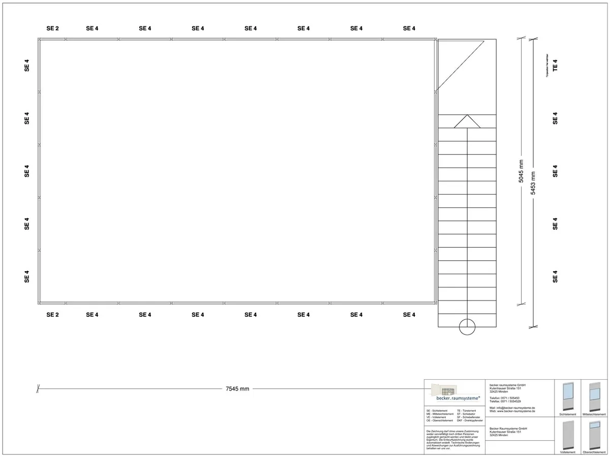 Zeichnung für Hallenbüro als Doppelstock 4-seitig 7,50 x 5,00 m System RS 45 von Becker Raumsysteme - Artikel HD4-7550