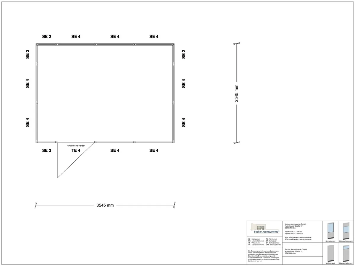 Zeichnung für Hallenbüro 4-seitig 3,50 x 2,50 m System RS 45 von Becker Raumsysteme - Artikel HB4-3525