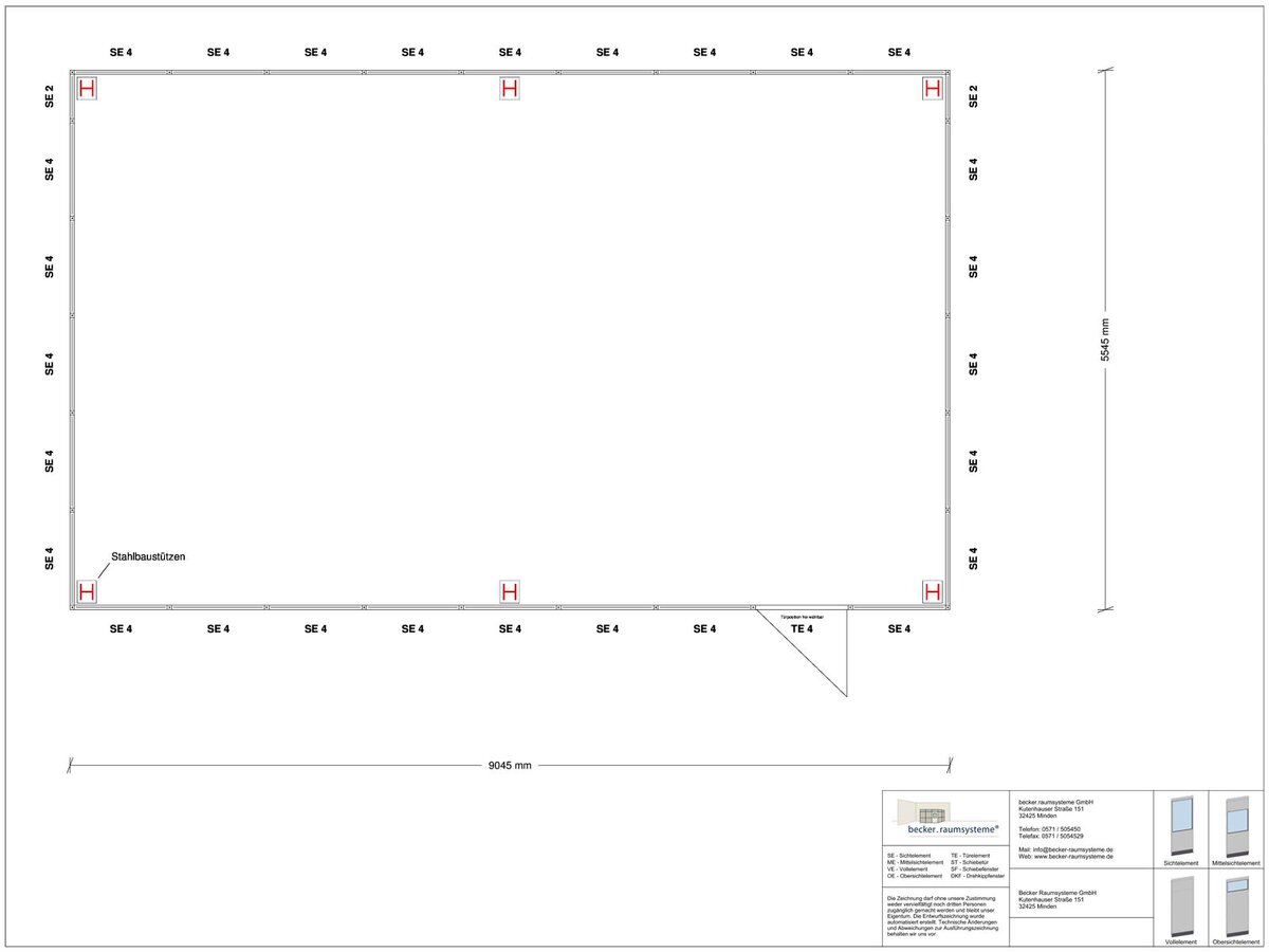 Zeichnung für Hallenbüro als Doppelstock 4-seitig 9,00 x 5,50 m System RS 45 von Becker Raumsysteme - Artikel HD4-9055