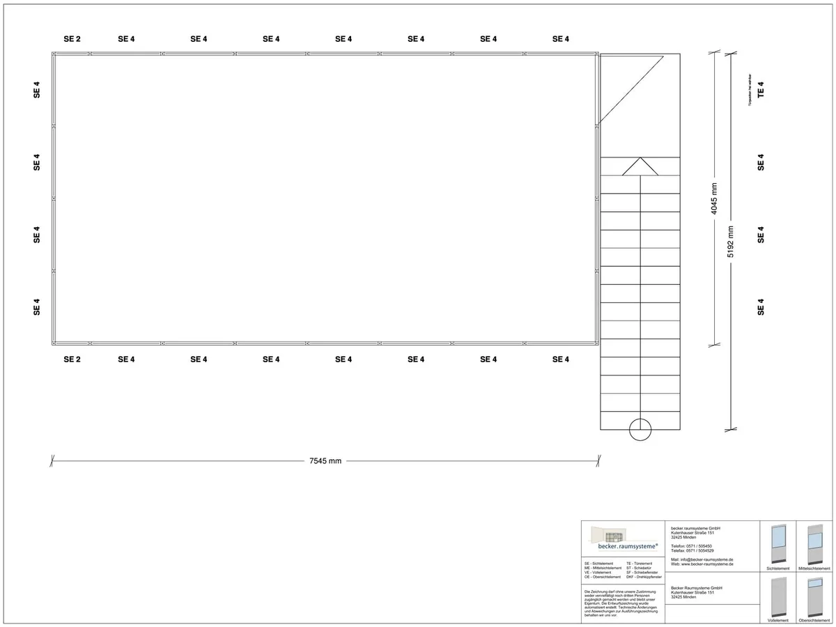 Zeichnung für Hallenbüro auf Stahlbau 4-seitig 7,00 x 6,00 m System RS 45 von Becker Raumsysteme - Artikel HS4-7060