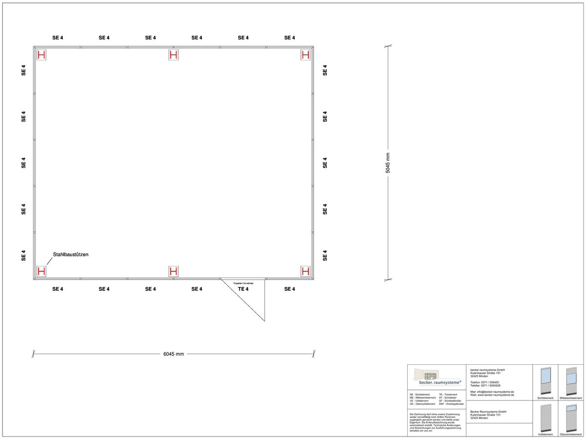 Zeichnung für Hallenbüro als Doppelstock 4-seitig 6,00 x 5,00 m System RS 45 von Becker Raumsysteme - Artikel HD4-6050