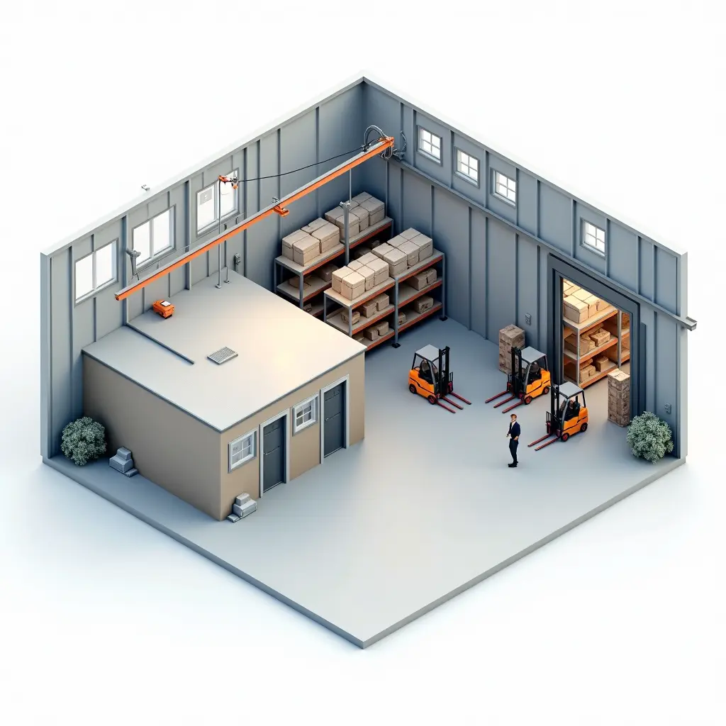 Einsatzmöglichkeiten von modularen Raumsystemen in einer Industriehalle Clipart von Einsatzmöglichkeiten von modularen Raumsystemen und Hallenbüros in der Industrie