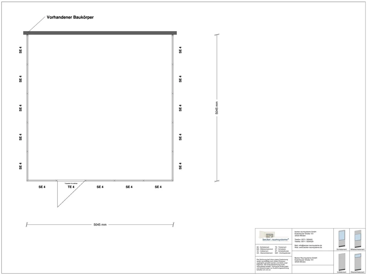 Zeichnung für Hallenbüro 3-seitig 5,00 x 5,00 m System RS 45 von Becker Raumsysteme - Artikel HB3-5050