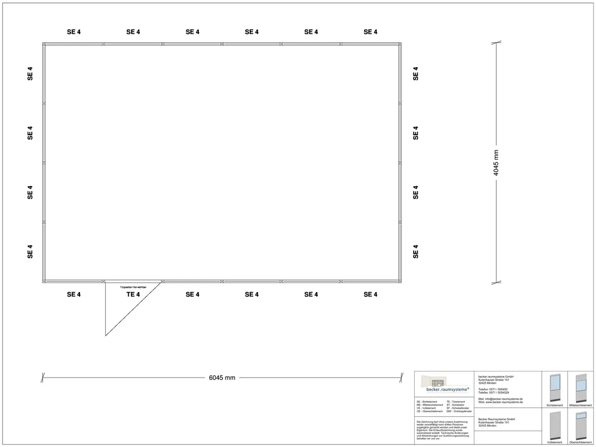 Zeichnung für Stellwand 4-seitig 6,00 x 4,00 m System RS 45 von Becker Raumsysteme - Artikel SW4-6040