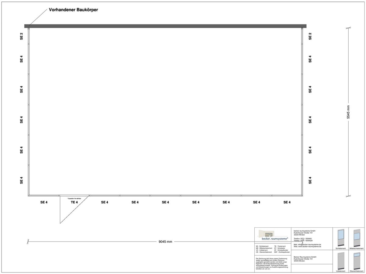 Zeichnung für Hallenbüro 3-seitig 9,00 x 5,50 m System RS 45 von Becker Raumsysteme - Artikel HB3-9055