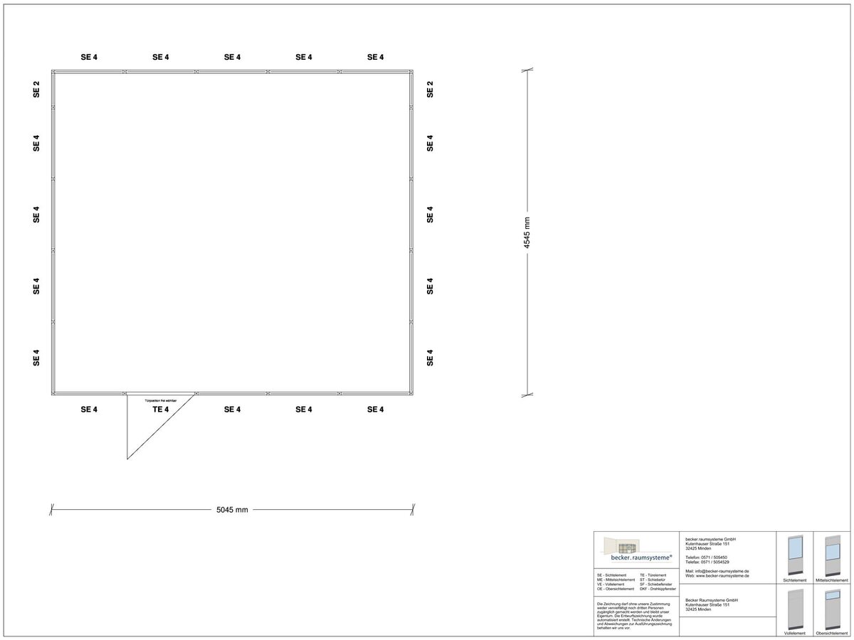 Zeichnung für Stellwand 4-seitig 5,00 x 4,50 m System RS 45 von Becker Raumsysteme - Artikel SW4-5045