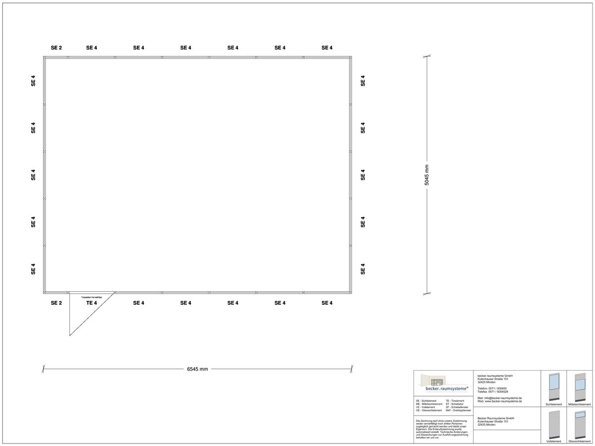 Zeichnung für Hallenbüro 4-seitig 6,50 x 5,00 m System RS 45 von Becker Raumsysteme - Artikel HB4-6550