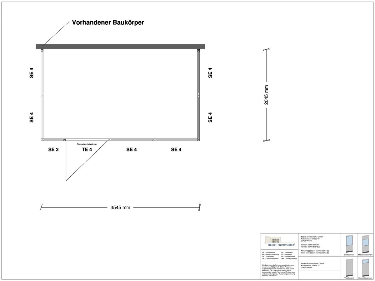 Zeichnung für Hallenbüro 3-seitig 3,50 x 2,00 m System RS 45 von Becker Raumsysteme - Artikel HB3-3520