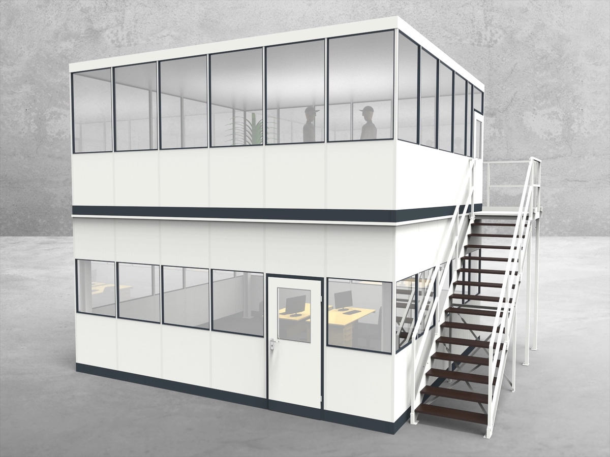 Aussenansicht für Hallenbüro als Doppelstock 4-seitig 6,00 x 5,50 m System RS 45 von Becker Raumsysteme - Artikel HD4-6055