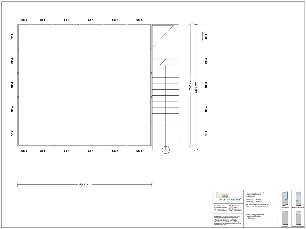 Zeichnung für Hallenbüro als Doppelstock 4-seitig 5,50 x 5,00 m System RS 45 von Becker Raumsysteme - Artikel HD4-5550