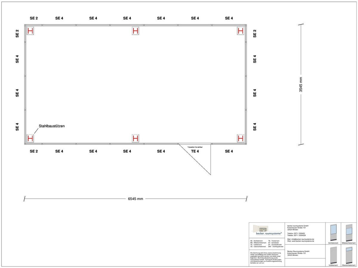 Zeichnung für Hallenbüro als Doppelstock 4-seitig 6,50 x 3,50 m System RS 45 von Becker Raumsysteme - Artikel HD4-6535