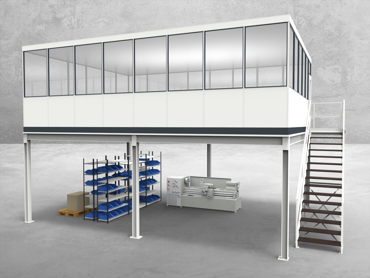 Aussenansicht für Hallenbüro auf Stahlbau 4-seitig 8,00 x 6,00 m System RS 45 von Becker Raumsysteme - Artikel HS4-8060