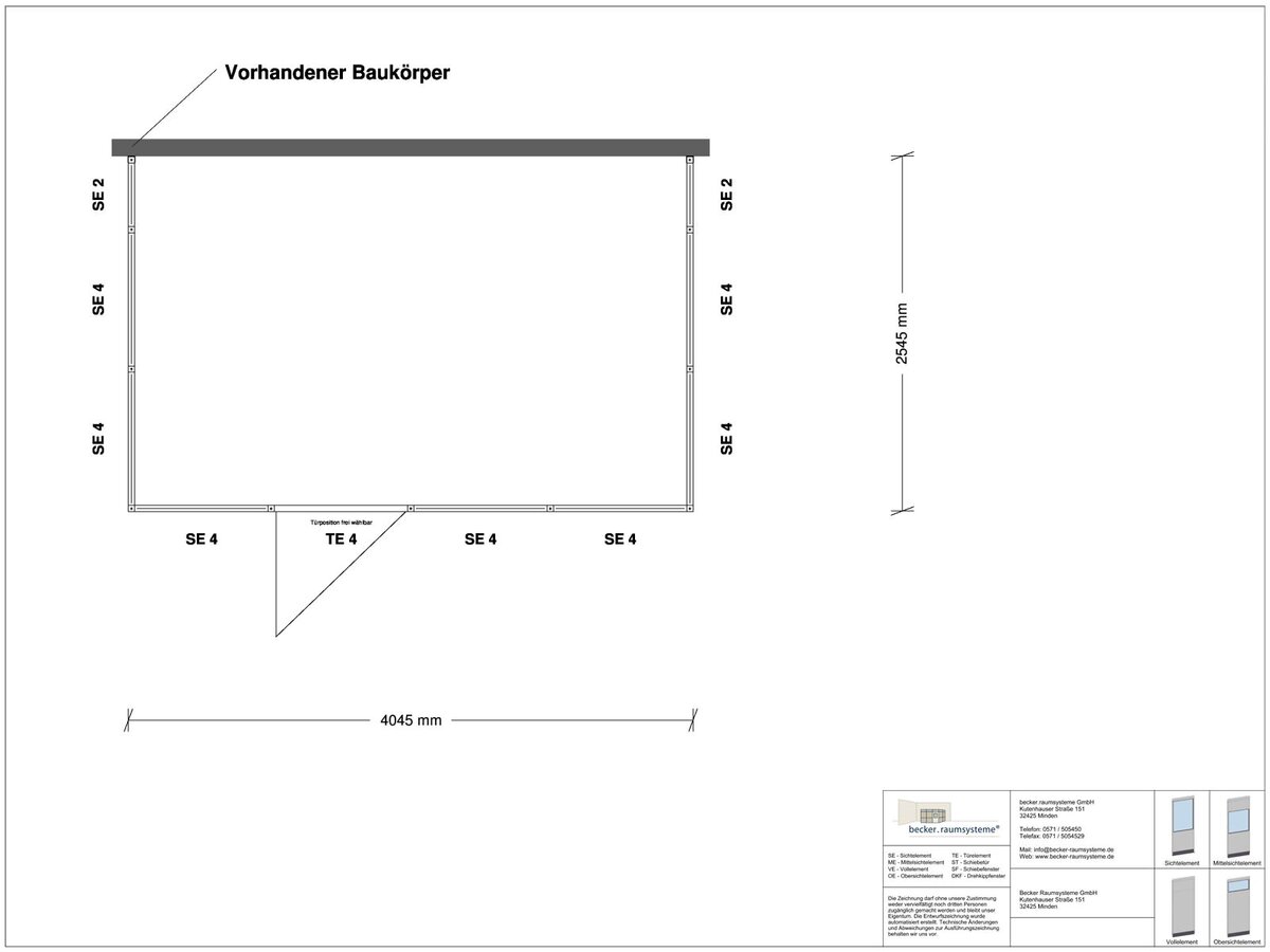 Zeichnung für Hallenbüro 3-seitig 4,00 x 2,50 m System RS 45 von Becker Raumsysteme - Artikel HB3-4025