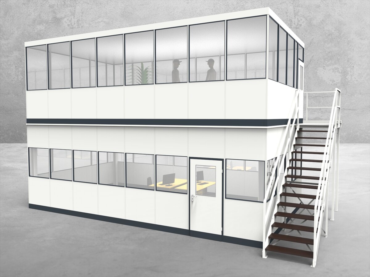 Aussenansicht für Hallenbüro als Doppelstock 4-seitig 8,00 x 4,50 m System RS 45 von Becker Raumsysteme - Artikel HD4-8045