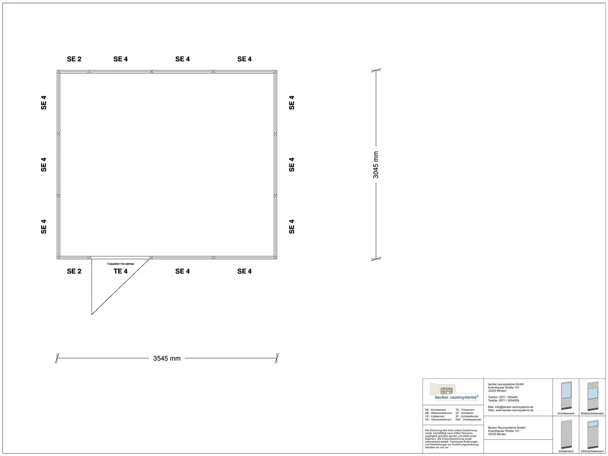 Zeichnung für Hallenbüro 4-seitig 3,50 x 3,00 m System RS 45 von Becker Raumsysteme - Artikel HB4-3530