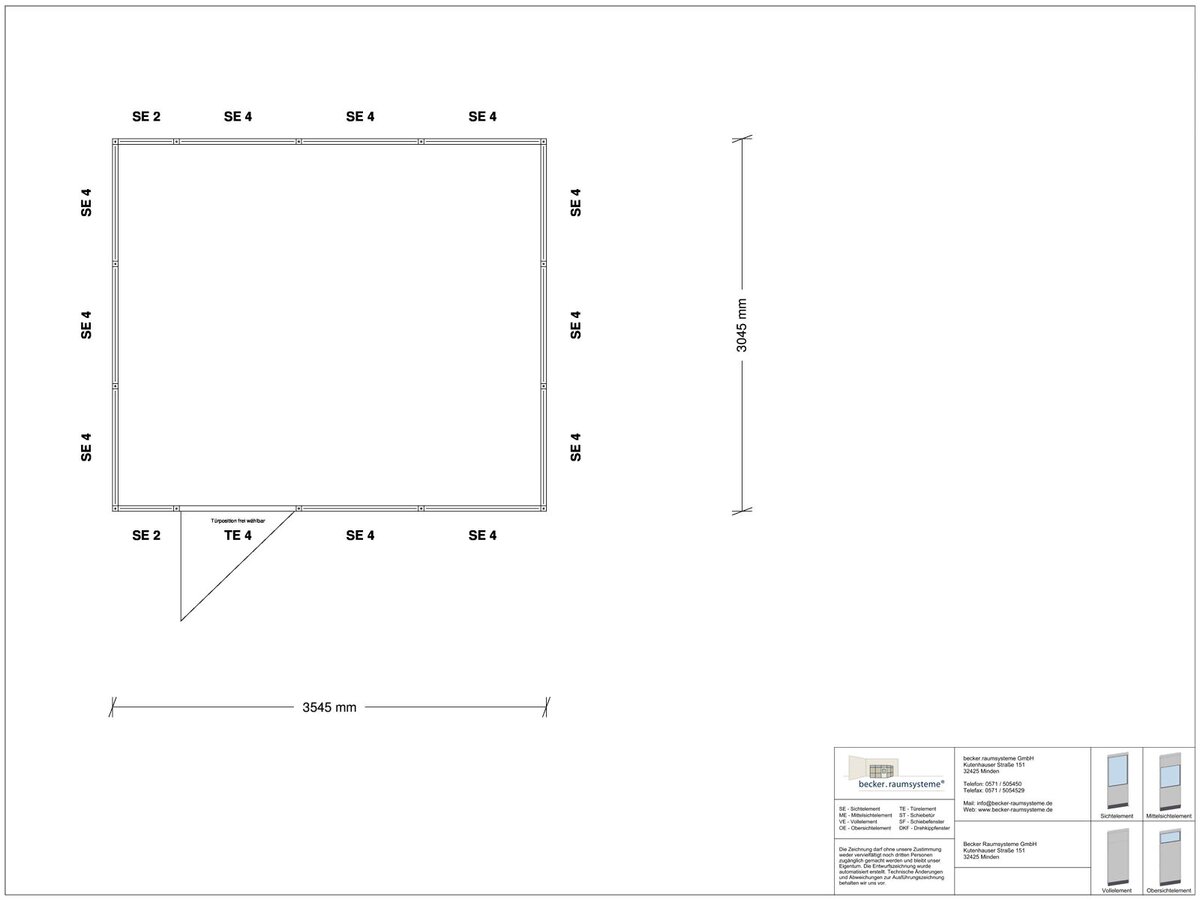 Zeichnung für Hallenbüro 4-seitig 3,50 x 3,00 m System RS 45 von Becker Raumsysteme - Artikel HB4-3530