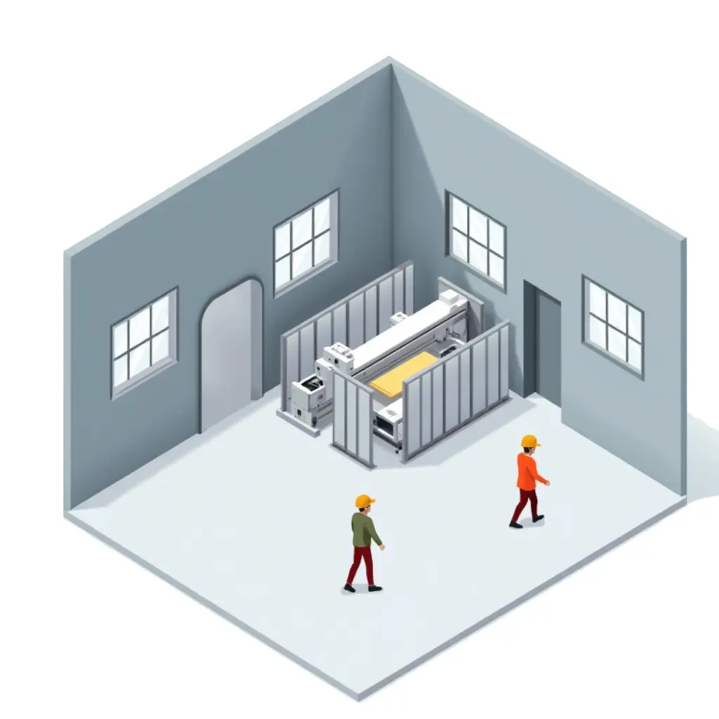 Darstellung eines Trennwandsystems als Maschineneinhausung in der Produktionshalle Darstellung eines Trennwandsystems als Maschineneinhausung in der Produktionshalle