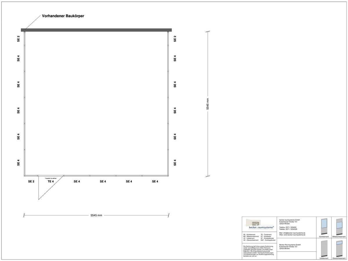Zeichnung für Hallenbüro 3-seitig 5,50 x 5,50 m System RS 45 von Becker Raumsysteme - Artikel HB3-5555