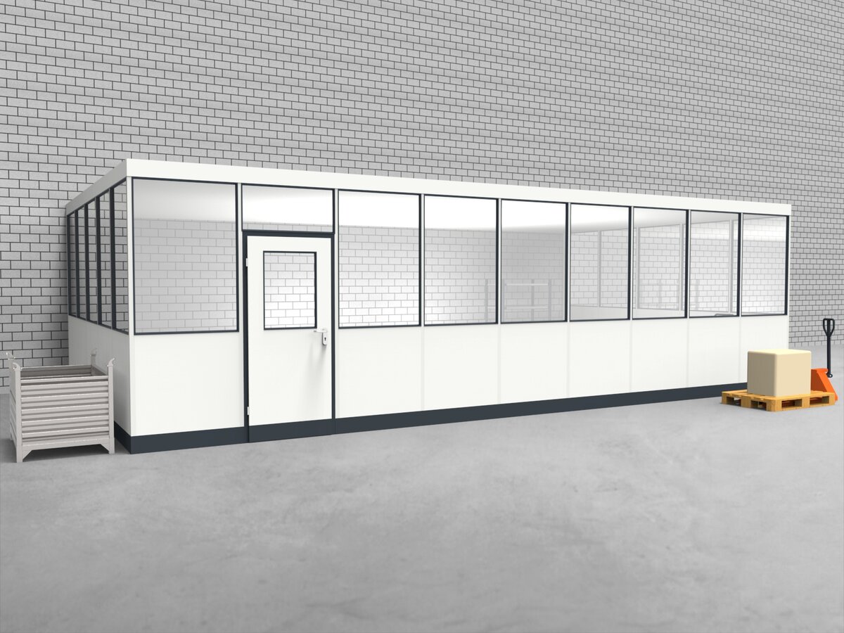 Aussenansicht für Hallenbüro 3-seitig 9,00 x 5,00 m System RS 45 von Becker Raumsysteme - Artikel HB3-9050