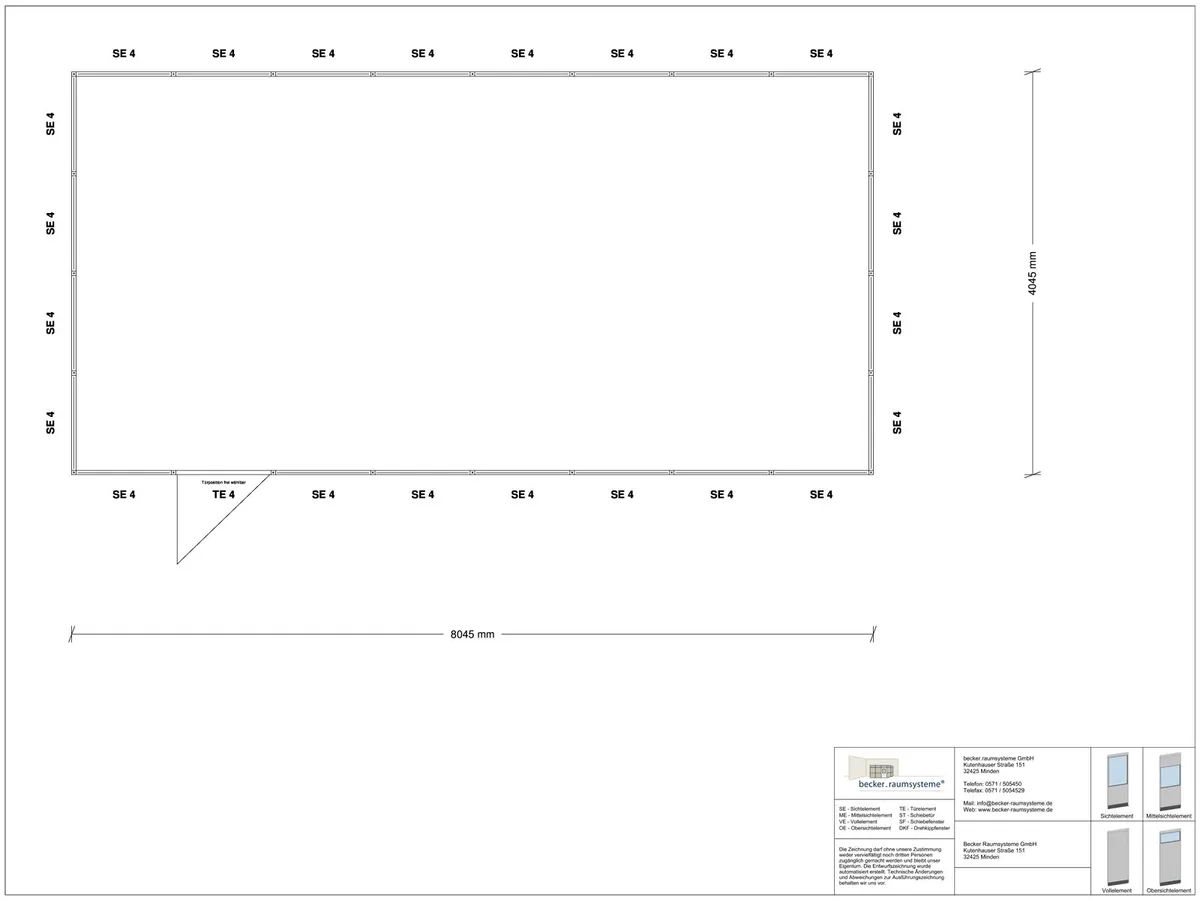 Zeichnung für Stellwand 4-seitig 8,00 x 4,00 m System RS 45 von Becker Raumsysteme - Artikel SW4-8040