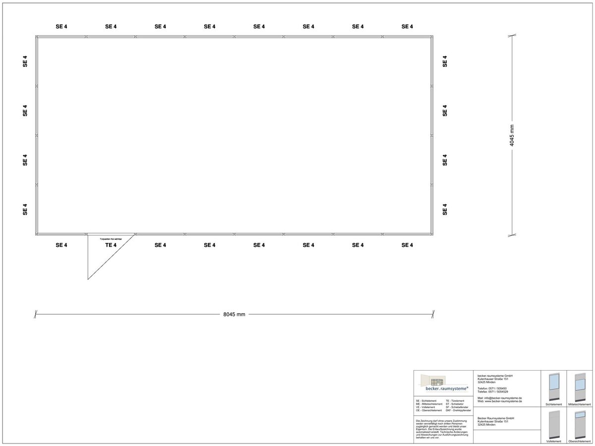 Zeichnung für Stellwand 4-seitig 8,00 x 4,00 m System RS 45 von Becker Raumsysteme - Artikel SW4-8040