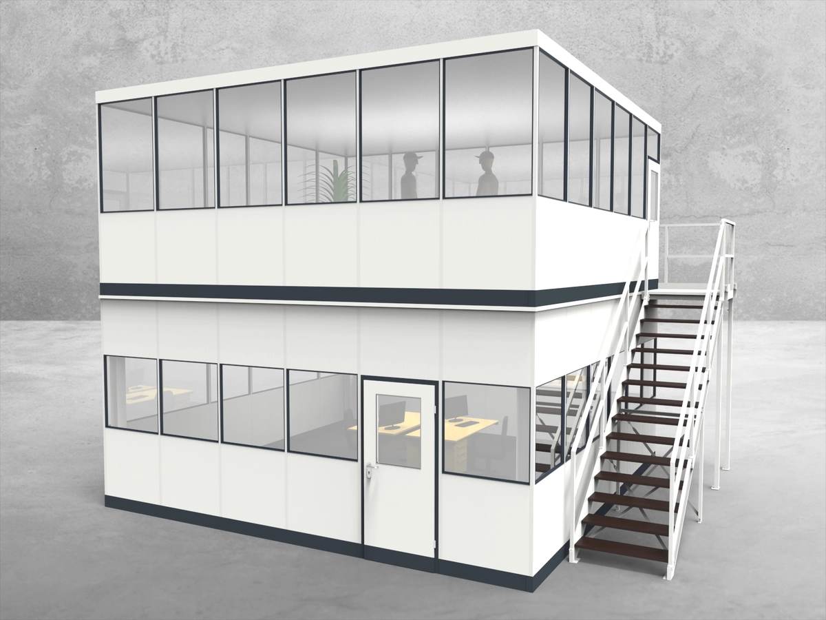 Aussenansicht für Hallenbüro als Doppelstock 4-seitig 6,00 x 6,00 m System RS 45 von Becker Raumsysteme - Artikel HD4-6060
