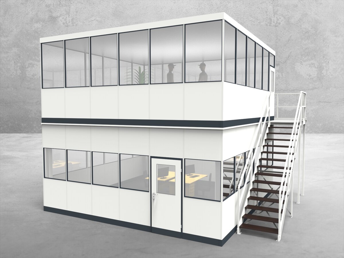 Aussenansicht für Hallenbüro als Doppelstock 4-seitig 6,00 x 6,00 m System RS 45 von Becker Raumsysteme - Artikel HD4-6060