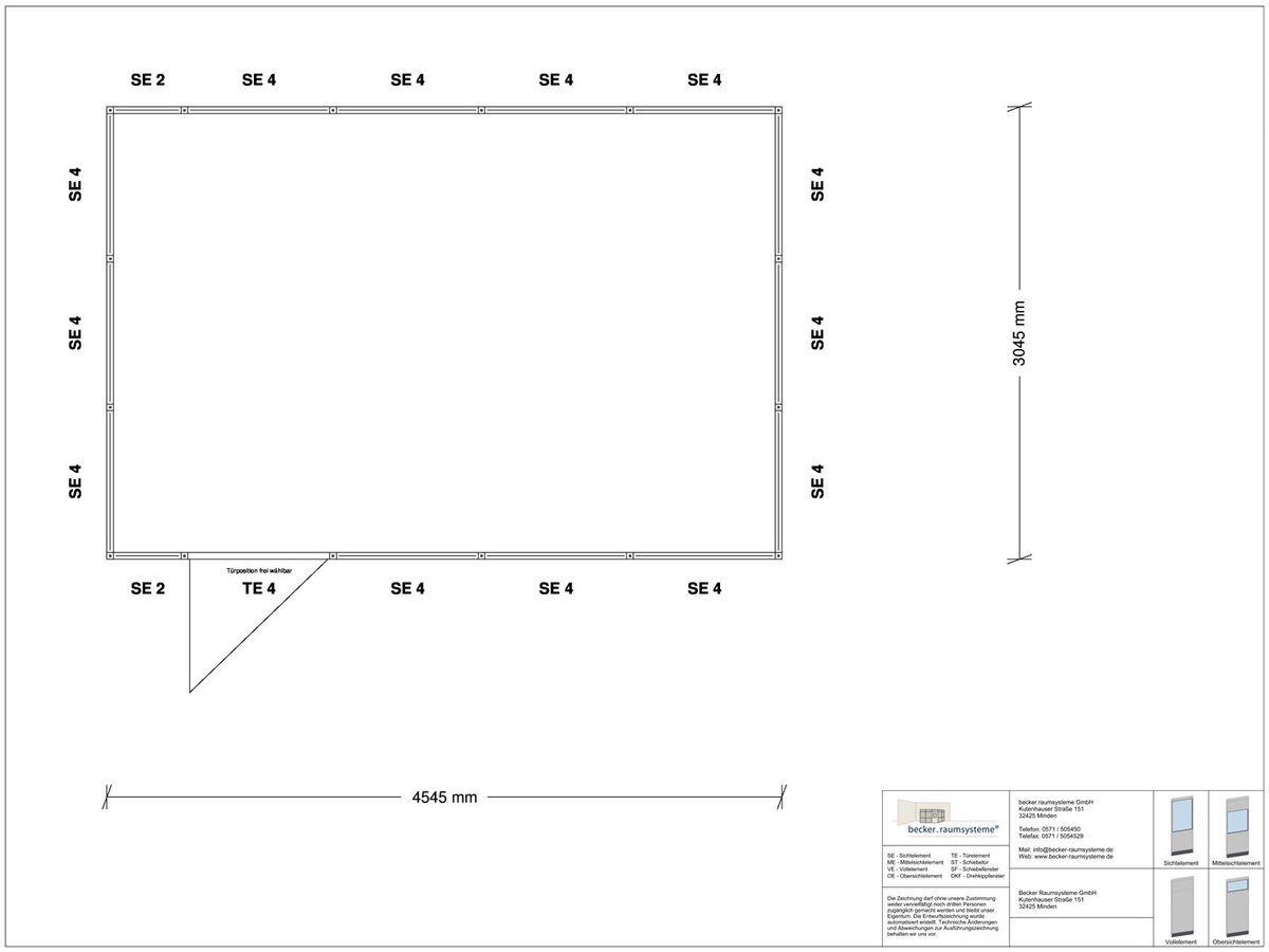 Zeichnung für Stellwand 4-seitig 4,50 x 3,00 m System RS 45 von Becker Raumsysteme - Artikel SW4-4530