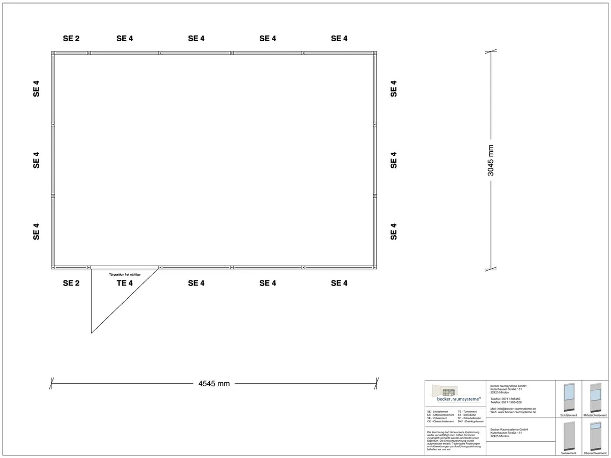 Zeichnung für Stellwand 4-seitig 4,50 x 3,00 m System RS 45 von Becker Raumsysteme - Artikel SW4-4530