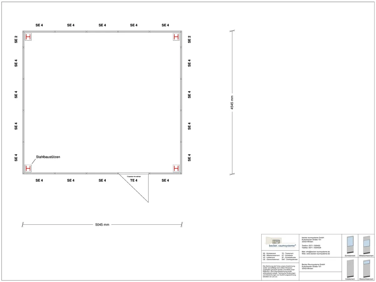 Zeichnung für Hallenbüro als Doppelstock 4-seitig 5,00 x 4,50 m System RS 45 von Becker Raumsysteme - Artikel HD4-5045
