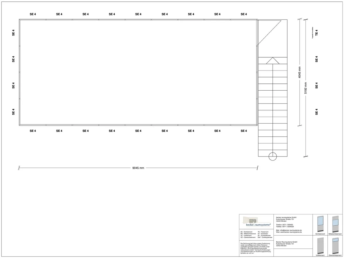 Zeichnung für Hallenbüro als Doppelstock 4-seitig 9,00 x 4,00 m System RS 45 von Becker Raumsysteme - Artikel HD4-9040