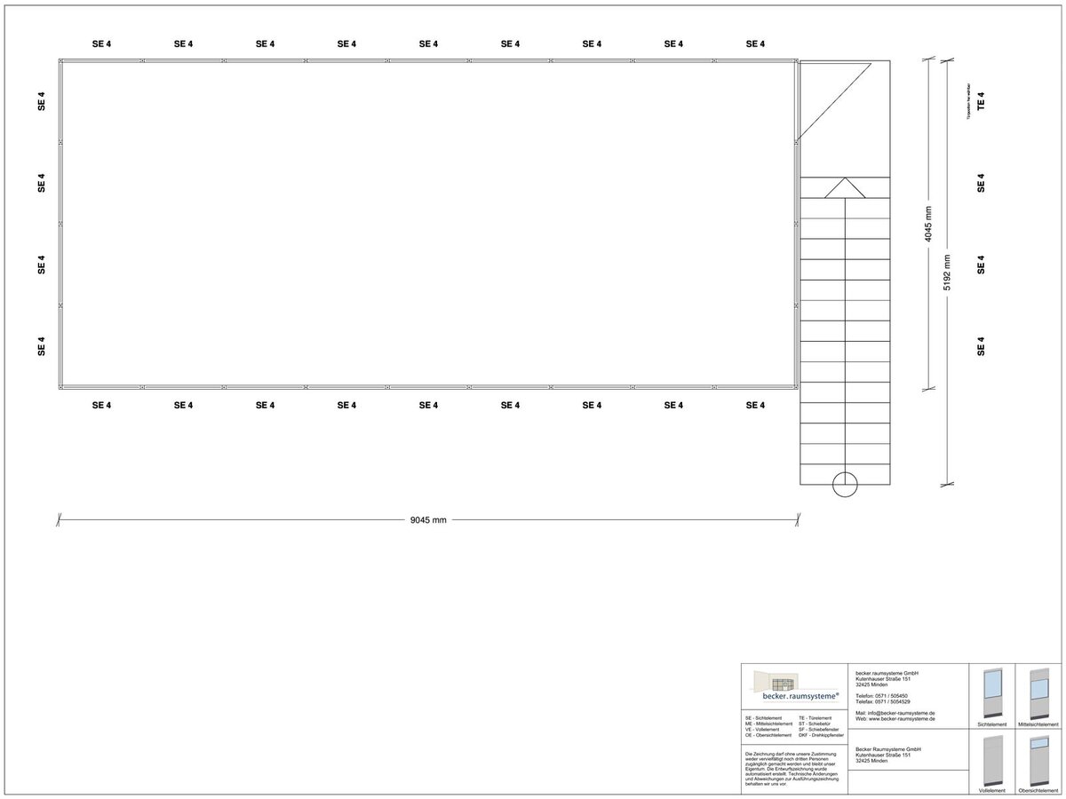 Zeichnung für Hallenbüro als Doppelstock 4-seitig 9,00 x 4,00 m System RS 45 von Becker Raumsysteme - Artikel HD4-9040