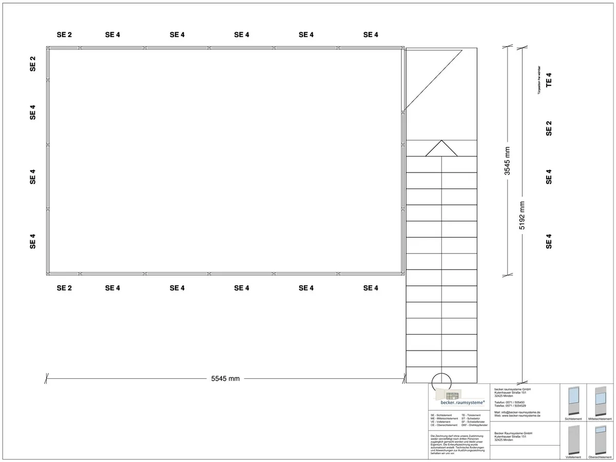 Zeichnung für Hallenbüro auf Stahlbau 4-seitig 5,50 x 3,50 m System RS 45 von Becker Raumsysteme - Artikel HS4-5535