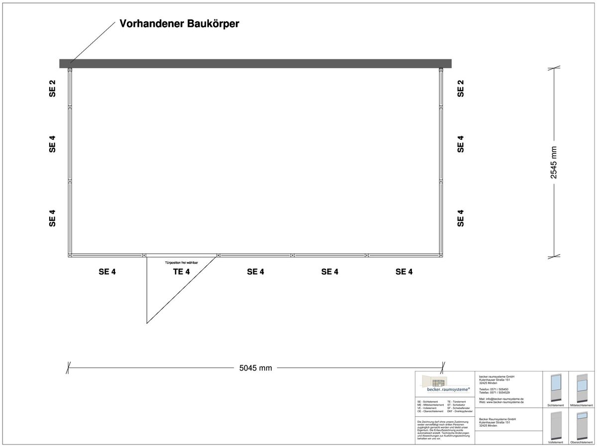 Zeichnung für Hallenbüro 3-seitig 5,00 x 2,50 m System RS 45 von Becker Raumsysteme - Artikel HB3-5025
