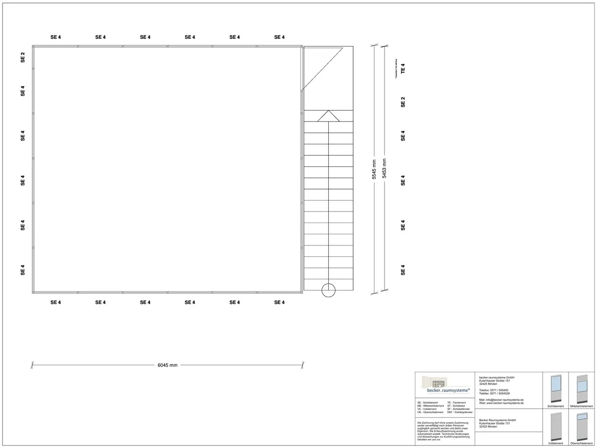 Zeichnung für Hallenbüro auf Stahlbau 4-seitig 6,00 x 5,50 m System RS 45 von Becker Raumsysteme - Artikel HS4-6055