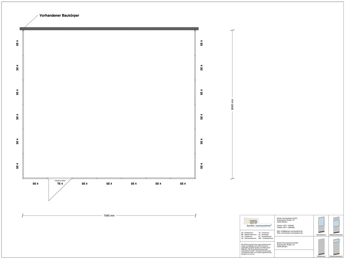 Zeichnung für Hallenbüro 3-seitig 7,00 x 6,00 m System RS 45 von Becker Raumsysteme - Artikel HB3-7060