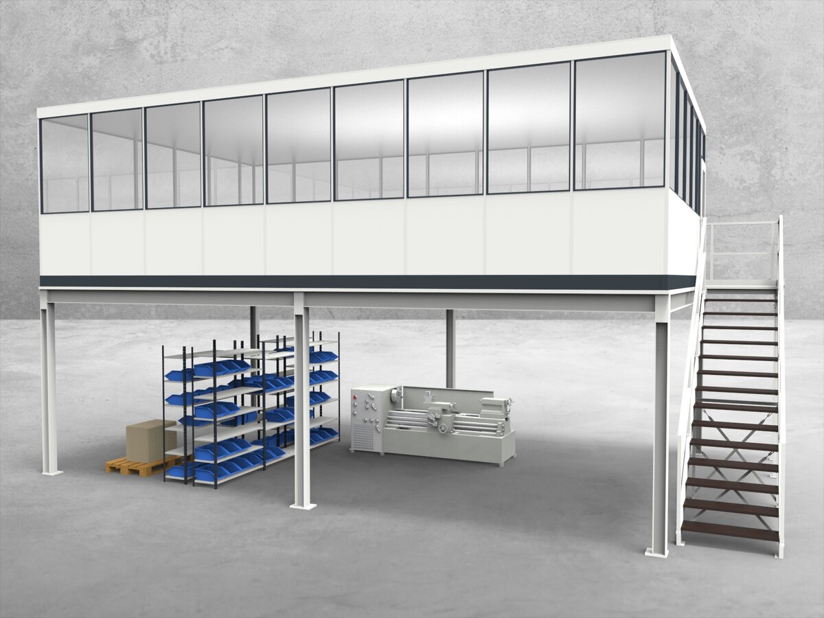 Aussenansicht für Hallenbüro auf Stahlbau 4-seitig 9,00 x 5,50 m System RS 45 von Becker Raumsysteme - Artikel HS4-9055