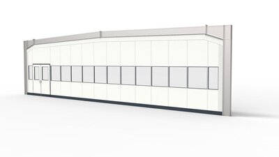 Hallenabtrennungen modular errichtet in einer Industriehalle Hallenabtrennungen in Produktionshalle oder Fabrik zur Unterteilung der einzelnen Bereiche