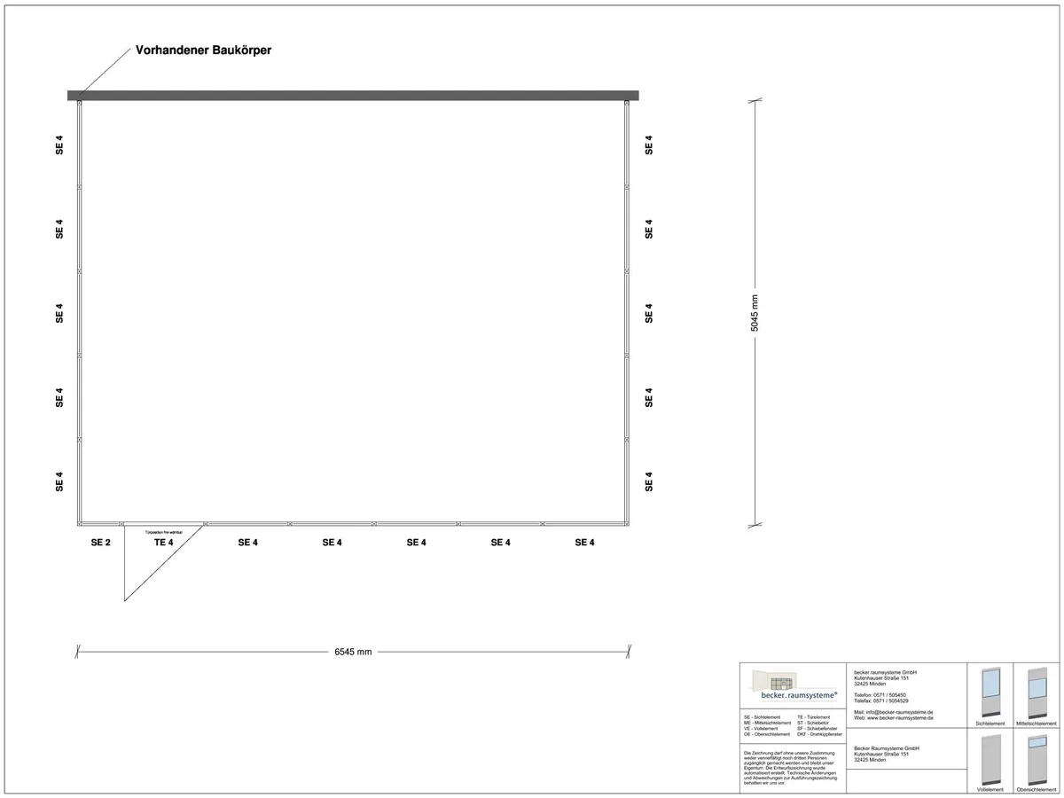 Zeichnung für Hallenbüro 3-seitig 6,50 x 5,00 m System RS 45 von Becker Raumsysteme - Artikel HB3-6550